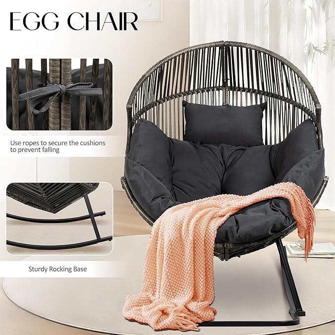 JAMFLY Egg Chair Rocking Chairs, Wicker Patio Chair Oversized Lounger Chair with Cushion for Indoor Living Room Bedroom Outdoor Patio Backyard Balcony Garden, Dark Gray