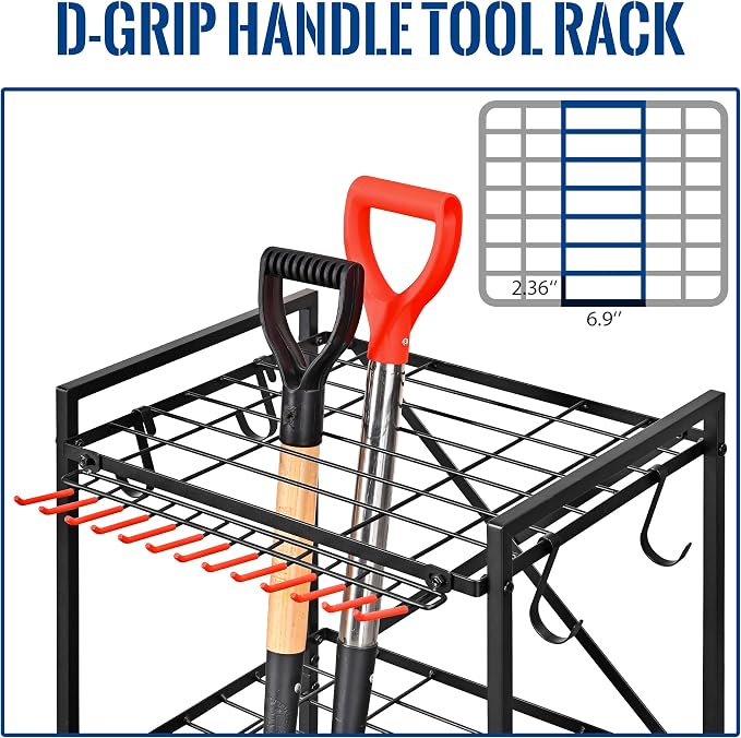 Storage Rack for Yard Tools with Wheels, Black Metal, 13 Tool Racks