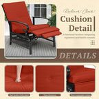 Oakcloud Adjustable Outdoor Lounge Chair Metal Patio Relaxing Recliner Chair Set with Bistro Table and Removable Cushions(Red)