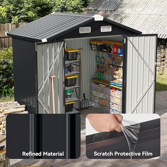 Storage Shed with Lockable Door, Black Galvanized Metal, 6.2x4 FT