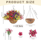Senjie 2 Set Artificial Hanging Flowers with Basket for Outdoor Decor, UV Resistant 24 Bundles Faux Flowers Fake Hanging Planter for Porch Patio Balcony