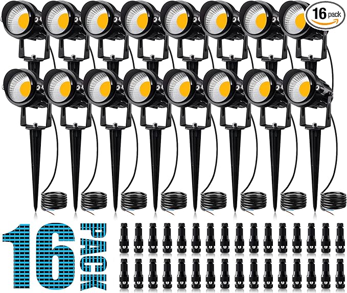 SUNVIE 12W Low Voltage Landscape Lighting Landscaping Lights with Connectors Outdoor LED Landscape Light 3000K Waterproof Tree Flag Lights Low Voltage Lighting with Stand for Garden Yard Path, 16 Pack