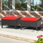 Tangkula 2 Piece Patio Rattan Ottomans, Outdoor Wicker Footstool w/Acacia Wood Handles, Soft Zippered Cushions, 3-in-1 Function Footstool Seat & Side Table for Backyard, Balcony, Poolside (Red)