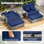 Tangkula Patio Rattan Daybed with 4-Level Adjustable Backrest, Outdoor PE Wicker Loveseat with Storage Ottoman & Folding Side Table, Double Sunbed for Balcony, Backyard & Poolside, Navy & Grey