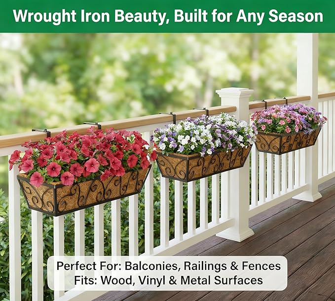 Y&M 30 Inch Window Deck with Coco Liner, Fence Metal Hanging Flower Planter Window Basket Deck Railing Planter Boxes for Outdoor Garden Lawn-Butterfly, 6pcs