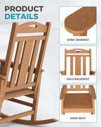 Ciokea Oversized Outdoor Rocking Chair, 380lbs Heavy-Duty Large Patio Rocker, Weather Resistant & Anti-Fade Porch Chair, High Back Cozy Rocking Chair for Outside, Fire Pit, Deck, Garden, Teak