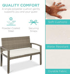 Best Choice Products Outdoor Bench 2-Person Wicker Garden Patio Benches Seating Furniture for Backyard, Porch w/Seat Cushion, 700lb Capacity - White Sand/Taupe