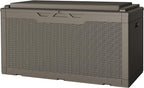 JUMMICO 100 Gallon Resin Deck Box with Cushion, Waterproof Outdoor Storage Box with Lockable Lid for Garden Tools, Patio Cushions (Light Brown)