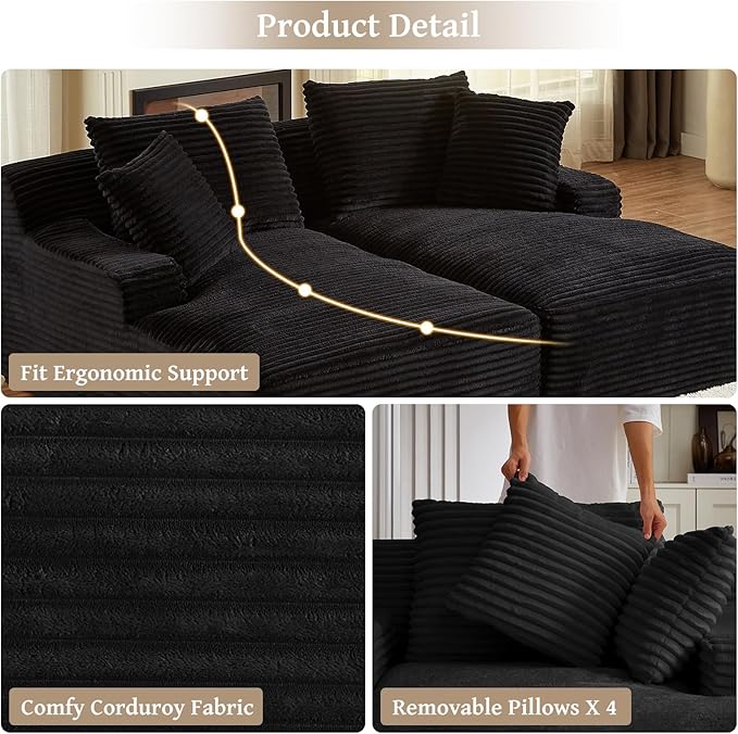 80" Double Chaise Lounge Chair Indoor, Oversized Boneless Couch Comfy Upholstered Sleeper Sofa Bed with 4 Pillows, Corduroy Cloud Loveseat Chair for Living Room No Assembly Required, Black