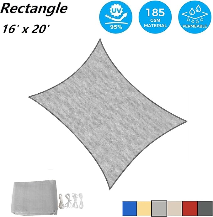 ASTEROUTDOOR Sun Shade Sail Rectangle 16' x 20' UV Block Canopy for Patio Backyard Lawn Garden Outdoor Activities, Gray