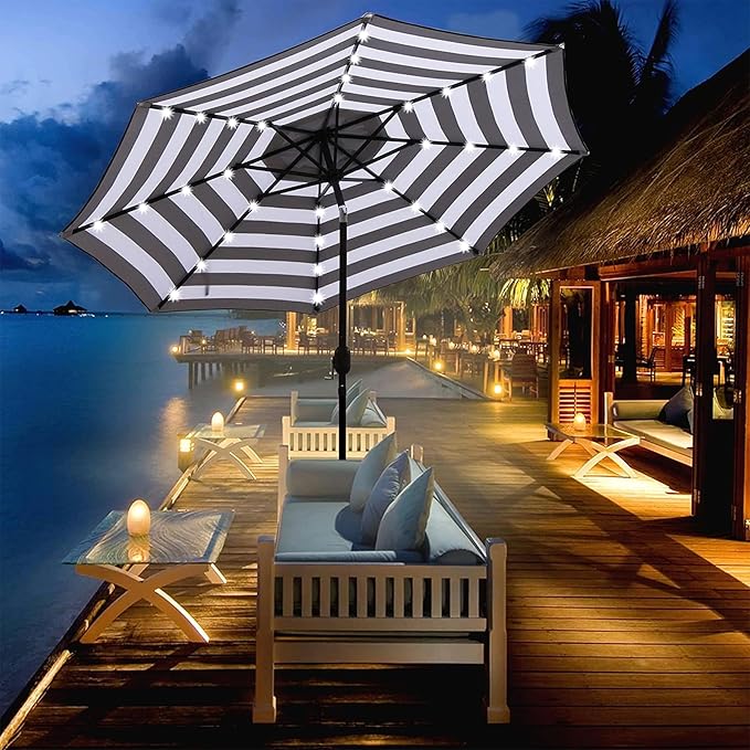 Blissun 9 ft Solar Umbrella 32 LED Lighted Patio Umbrella Table Market Umbrella with Tilt and Crank Outdoor Umbrella for Garden, Deck, Backyard, Pool and Beach (Black and White)