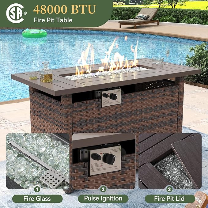 Aoxun 8 Piece Patio Furniture Set with 44” Fire Pit Table Wicker Rattan Outdoor Sectional Sofa Set with Coffee Table and Thickened Cushions, Beige (Waterproof Cover Included)