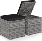 Tangkula 2 Pieces Patio Ottomans, Patiojoy Hand-Woven PE Rattan Side Table with Removable Cushion & Hidden Storage Space, Multifunctional Storage Box, Seat for Patio, Backyard, Poolside (Black&Grey)