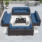 ALAULM Patio Furniture Set with Coffee Table, 14 Pieces Outdoor Sectional with Wide Seat and Thick Cushion, All Weather Wicker Rattan Conversation Set for Backyard, Garden, Deck, NavyBlue