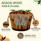 Set of 3 Wooden Flower Boxes Outdoor, Durable Acacia Wood Barrel Planters for Outdoor Plants with Ergonomic Handles, Drainage Holes, Multiple Sizes Wood Bucket Planter for Home Décor
