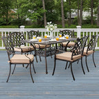 7-Piece Cast Aluminum Patio Furniture, Patio Dining Set for 6 Include 59" Rectangular Outdoor Dining Table and 6 Stackable Chairs with Cushions & Umbrella Hole (Bronze)