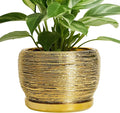 SQOWL Ceramic Flower Pot - 8 Inch Plant Pot Indoor Outdoor, Round Planter with Drainage Hole and Saucer, Decorative Modern Planter, Home Decor, Plant Lovers Gifts, Gold