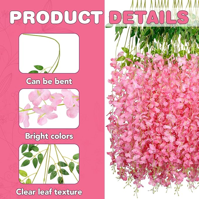 Artificial Wisteria Vines Pink 75 Pack, Silk and Plastic Hanging Flowers
