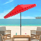 SAFAVIEH 9ft Outdoor Patio Umbrella, Round, Valance, Red & White Trim, Auto Crank Tilt, UV Resistant for Deck, Backyard, Poolside (PAT8006D)