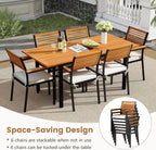 Tangkula 7 Piece Patio Dining Set, Outdoor Acacia Wood Cushioned Chairs and 51”-64” Expandable Rectangular Table Set, with Umbrella Hole, 6 Stackable Armchairs, for Poolside Garden (Off White)