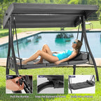 HOMREST 3 Seat Outdoor Porch Swing with 1.5" Deepened Cup Holder, Adjustable Canopy, Patio Swing Bed with Stand, Patio Glider Swing with Thicken Cushions, Pillow for Yard, Garden(Grey)