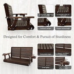 Wooden Porch Swing 2-Seater, High Backrest and Deep Seat, Bench Swing with Cupholders, Hanging Chains and 7mm Springs, Heavy Duty 880 LBS, for Outdoor Patio Garden (Deep Brown, 4 FT Extra Large)