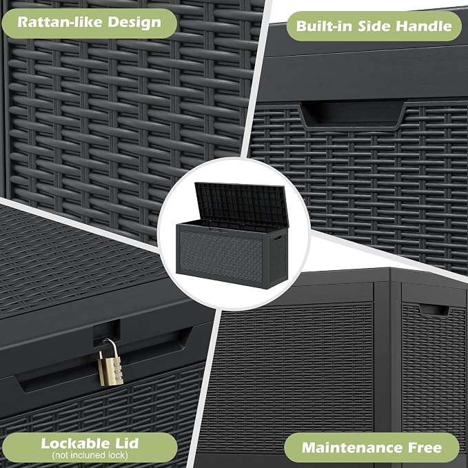 Deck Box, 60 Gallon Black Resin Outdoor Storage Box with Lockable Lid
