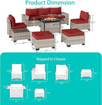 9-Piece Outdoor Patio Furniture Set with 55,000 BTU Fire Pit Table, PE Wicker Rattan Sectional Sofa Patio Conversation Set with Ottomans & Coffee Table, Red