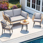 DWVO Patio Furniture Set 4 Pieces Boho Wicker Bistro Set, All Weather Outdoor Rattan Conversation Set with Loveseat Chairs Table Soft Cushions for Backyard, Pool, Garden - Grey
