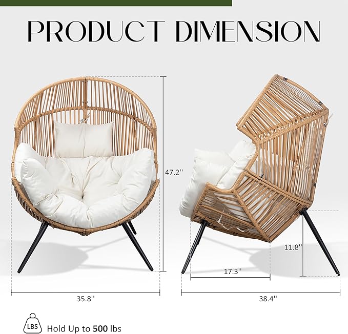 JAMFLY Egg Chair Wicker Outdoor Chairs, Oversized Patio Chair Oversized Lounger Chair with Cushion for Indoor Living Room, Bedroom, Outside Patio Backyard Balcony, Beige