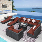 NICESOUL 13 Piece Large Outdoor Sectional with Fire Pit Table, 29.3'' High Back Patio Furniture with Fire Pit Table & Chaise Lounge, Big Deep 10-Seater for Garden, Grey Wicker & Burgundy Cushion