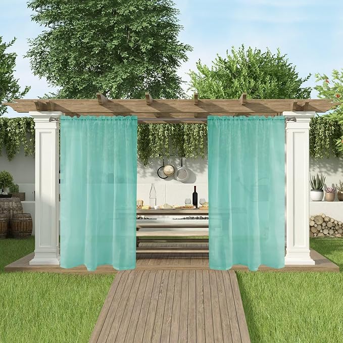SpaceDresser Waterproof Outdoor Sheer Curtains for Patio - 2 Panels Rod Pocket Indoor Voile Sheer Curtain for Living Room,52W x 120L inch,Turquoise