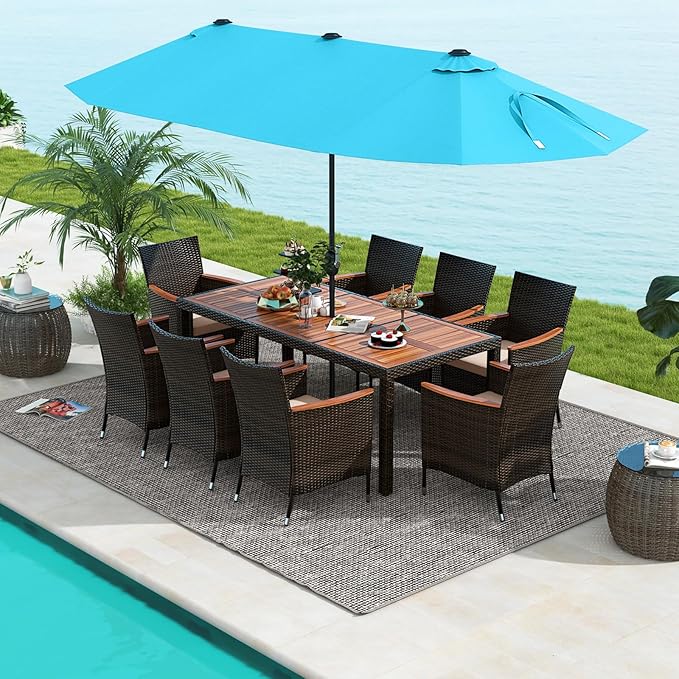 Tangkula 11 Piece Rattan Outdoor Dining Set with 15Ft Patio Umbrella for 8, Outdoor Wicker Table Set with 8 Cushioned Armchairs, Acacia Wood Top, Outdoor Umbrella with Base Included