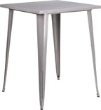 Bar Table, Silver Metal Square Bar Height, 31.5 Inch Top, Indoor-Outdoor