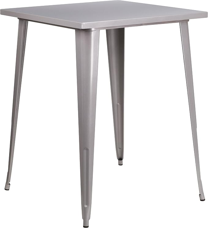 Bar Table, Silver Metal Square Bar Height, 31.5 Inch Top, Indoor-Outdoor