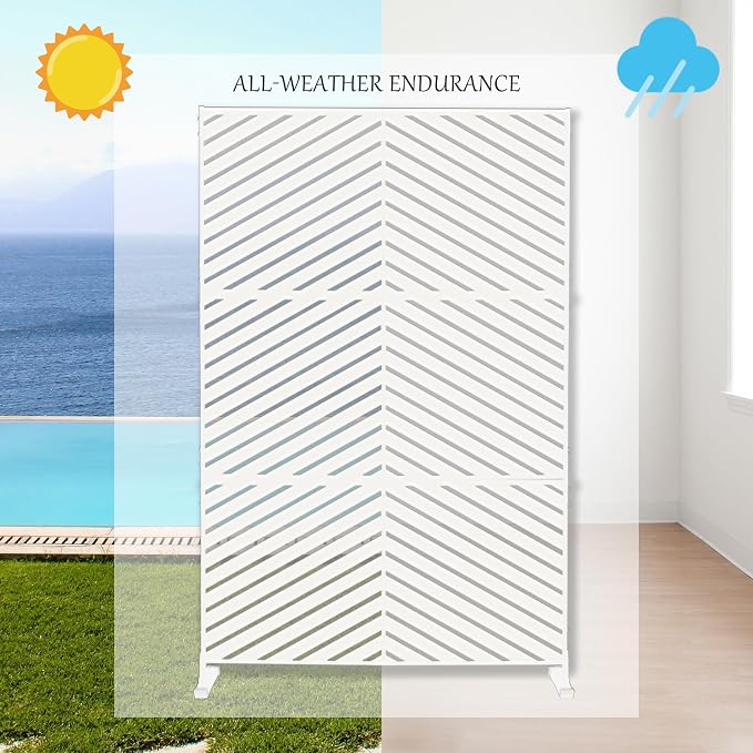 Chevron Garden Privacy Screen, White Metal Freestanding Divider