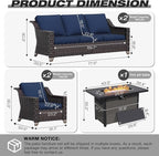 Joyside Wicker Patio Furniture Sets, 5 Pieces Upgraded Large Size Outdoor Furniture with Patio Dining Chair, Two 3-Seat Sofa, Fire Table,Thick Cushions, Wide Armrest, Blue