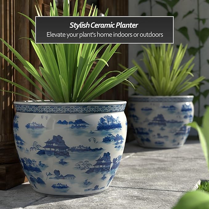 Red Lantern 20" Porcelain Fishbowl Blue & White Landscape Planter