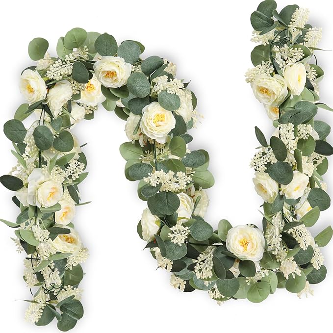 Champagne Eucalyptus Garland with Roses, 2 Pack Artificial Greenery
