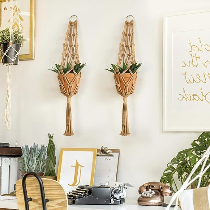 Artilady Hanging Planter for Indoor Plants Macrame Plant Hanger Large Hanging Plant Holder Brown Plants Basket White Rope Boho Original Wall Decor (Brown Plant Hanger-2pcs)