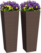 Greesum 32 Inch Tall Plastic Planters with Rattan Texture – Set of 2, Detachable Inner Pot & Drainage Holes, Indoor/Outdoor Decorative Flower Pots for Large Plants, Trees, Patio, and Garden, Brown