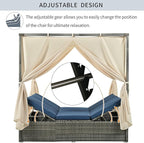 Patio Chaise Lounge, Gray PE Rattan Outdoor Patio Wicker Sunbed Daybed with Adjustable Seats, Four-sided Canopy, Overhead Curtain and Blue Cushions for Backyard, Garden, Poolside (for 2-6 people)
