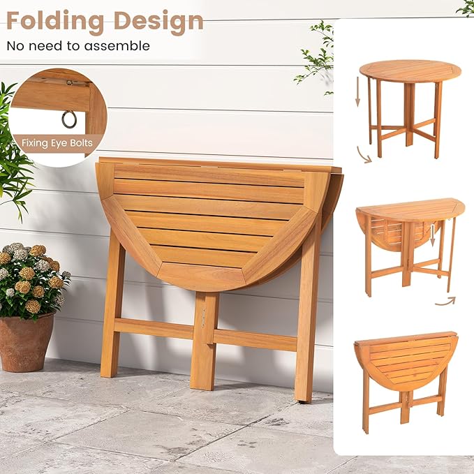 Tangkula 2 Pieces 36 Inches Outdoor Folding Round Dining Table, No Assembly Patio Acacia Wood Bistro Table with Slatted Tabletop, for Backyard, Porch, Balcony