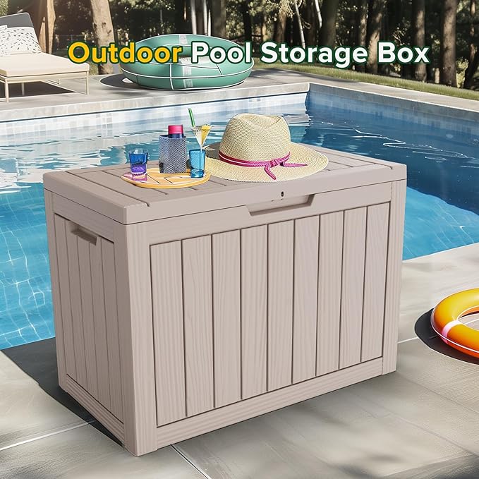 Deck Box, 45 Gallon Resin Storage Box with Lockable Latches in Greige