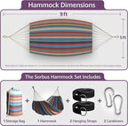 Sorbus® Brazilian Double Hammock - Extra-Long Two Person Portable Hammock Bed for Indoor or Outdoor Spaces - Hanging Rope, Carrying Pouch Included (Blue/Sand/Purple/Red Stripes)