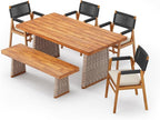 Christopher Knight Home Pasco Acacia Wood Outdoor Dining Table Set for 6, Wicker Patio Dining Set with Acacia Wood Table and Bench, Patio Table and Chair Set with Cushion+Rope Back, Black+Teak+Brown