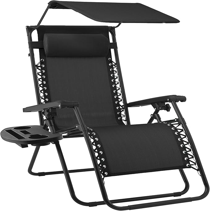 Best Choice Products 30” Wide Folding Zero Gravity Outdoor Recliner Patio Lounge Chair w/Adjustable Canopy Shade, Headrest, Side Accessory Tray - Black