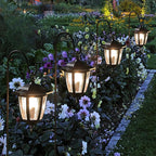 Dynaming 4 Pack Solar Hanging Lights Outdoor, Solar Powered Garden Decorative Lanterns with 4 x 38 Inch Shepherd Hooks, Waterproof Landscape Lighting for Lawn Patio Yard Pathway Driveway, Warm White