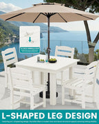 SERWALL Outdoor Dining Set for 4, HDPE Square Table and Chairs Set All Weather Patio Dining Set with 4 Armless Chairs for Patio, White