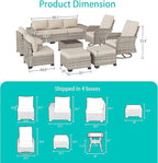 11-Piece Outdoor Patio Furniture Set with Rocking Swivel Chair Wicker Sectional Sofa Set, Patio Conversation Set with Ottomans & Coffee Table for Garden, Backyard, Poolside, White